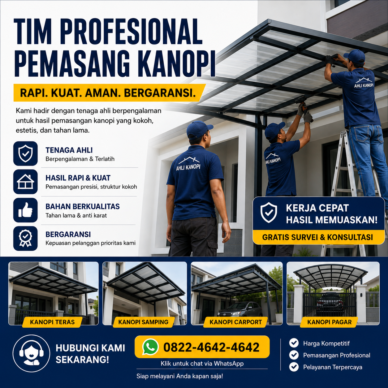 Tim profesional mengerjakan proyek kanopi